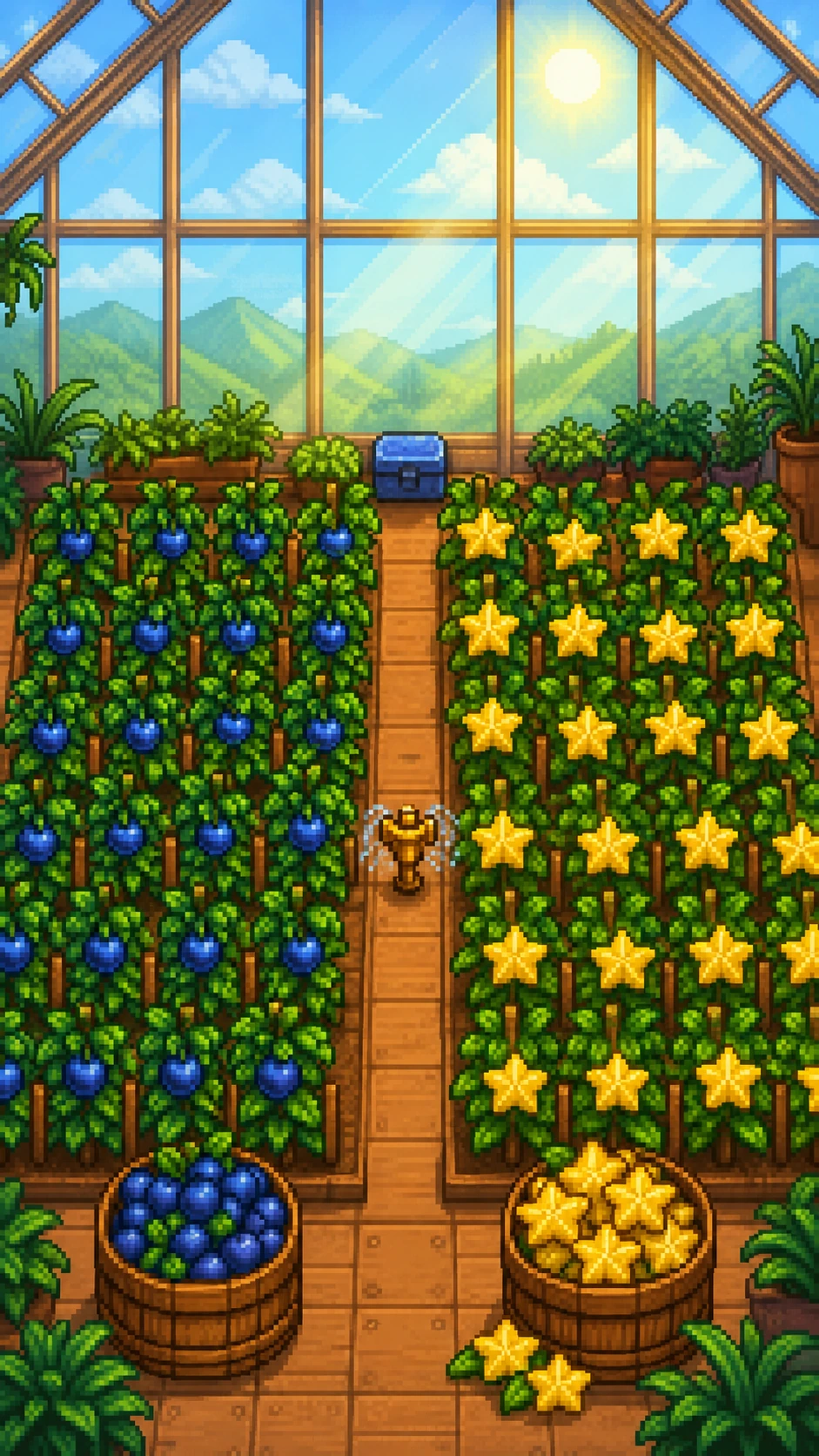 Ancient Fruit vines and Starfruit plants growing on opposite sides of a greenhouse.