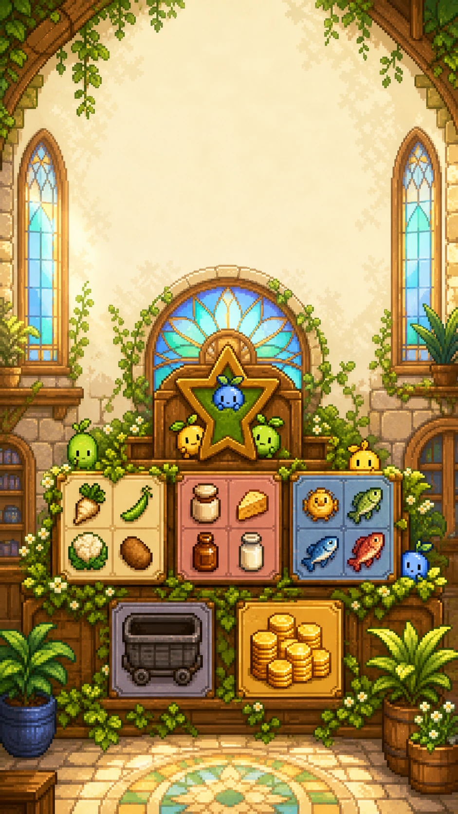 Junimos around Community Center bundle icons in a sunlit room.