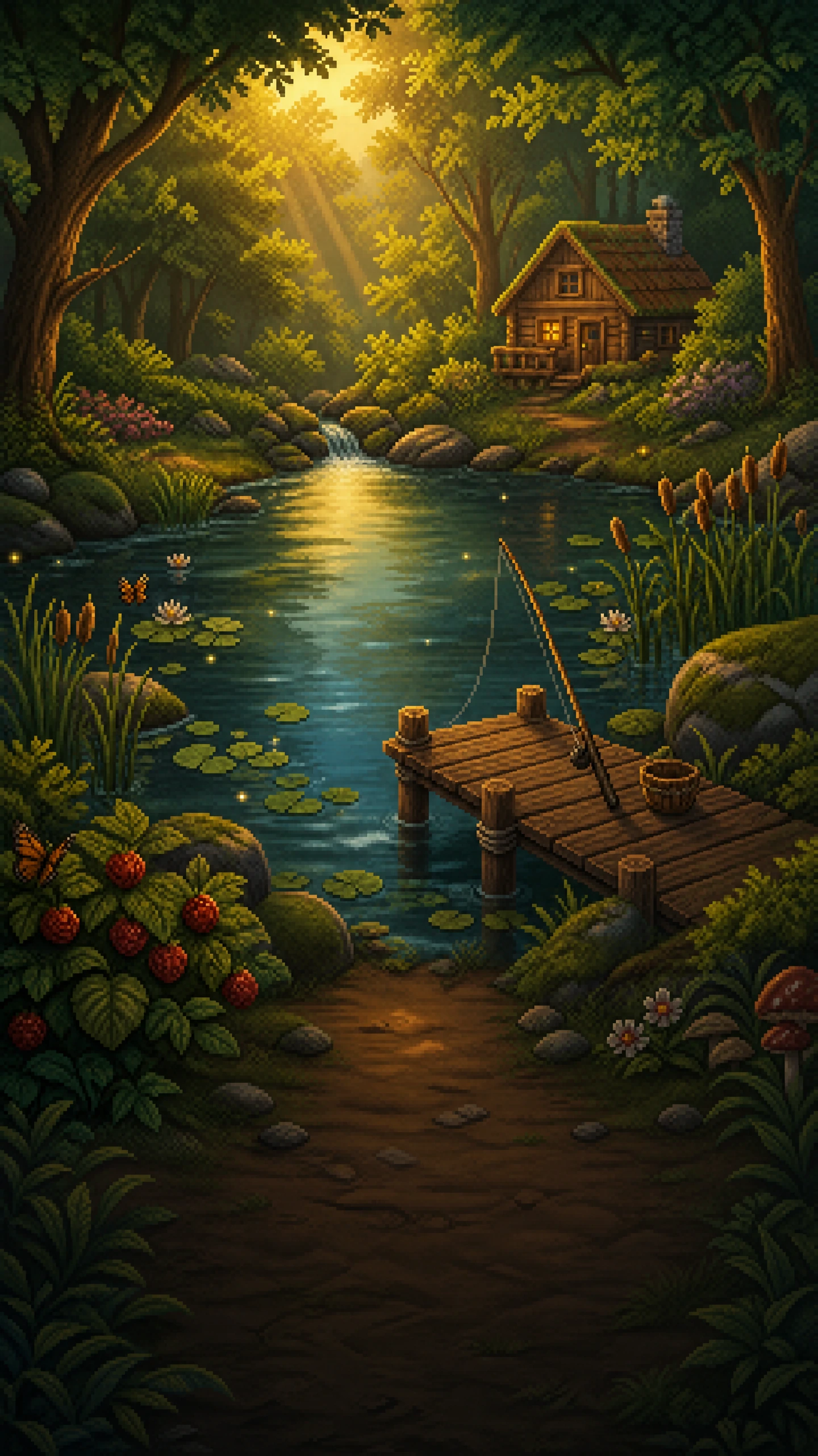 Stardew Valley forest lake with a fishing dock, cabin, and berry bushes.