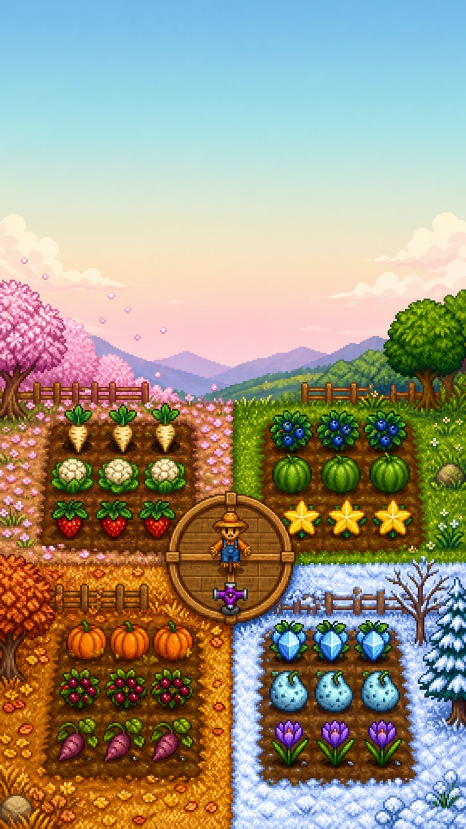 Four seasonal crop fields with parsnips, blueberries, pumpkins, and winter forage.