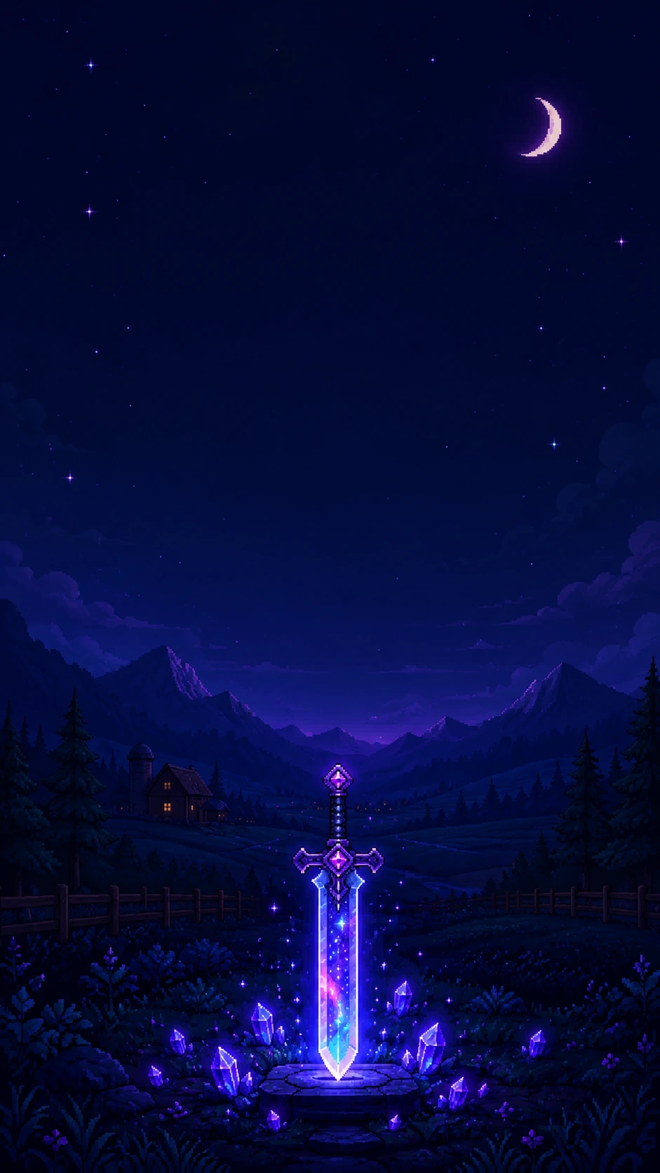 Glowing purple cosmic sword standing in a moonlit mountain valley.