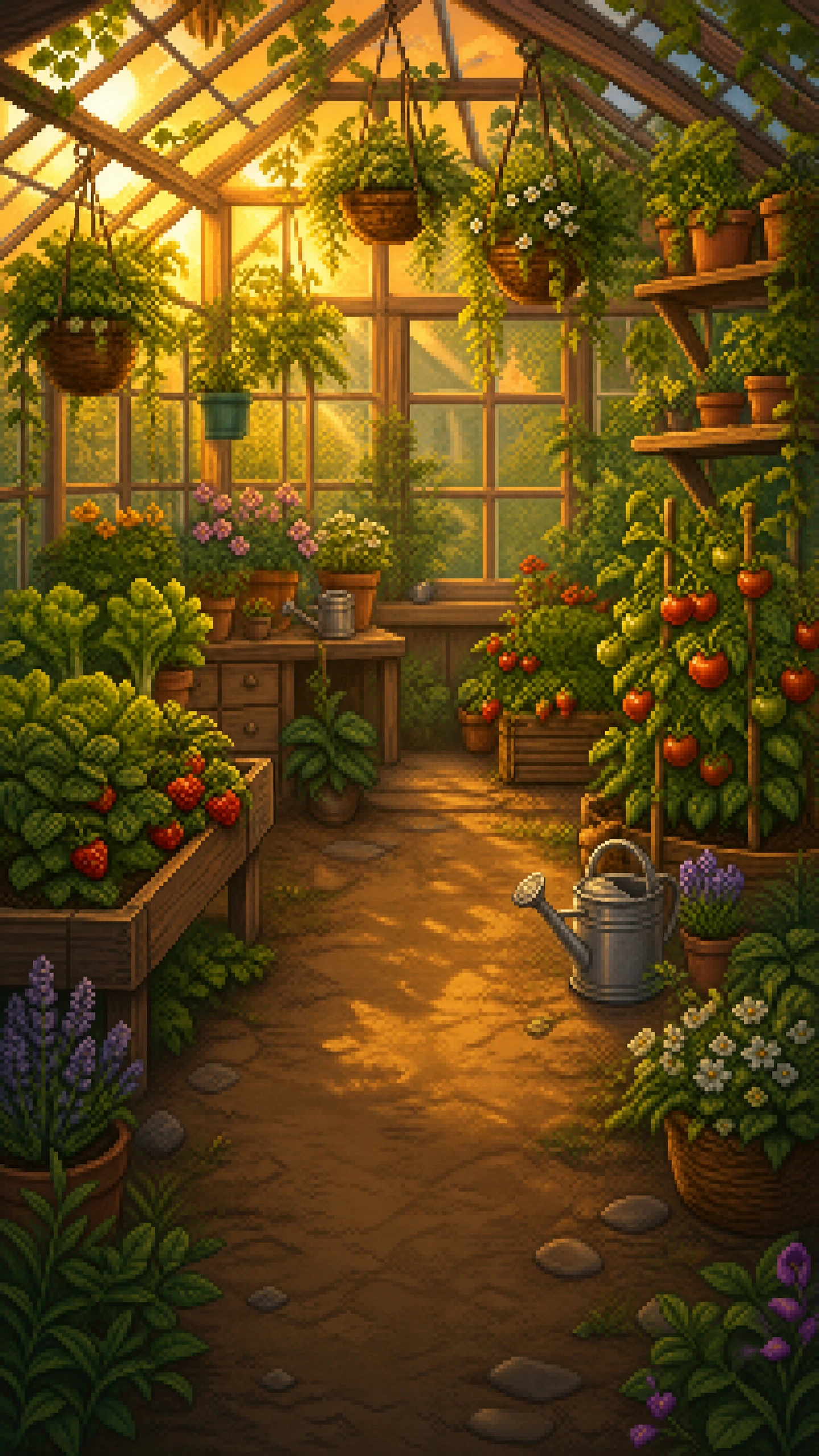 Stardew Valley greenhouse filled with vines, fruit trees, and ripe crops.