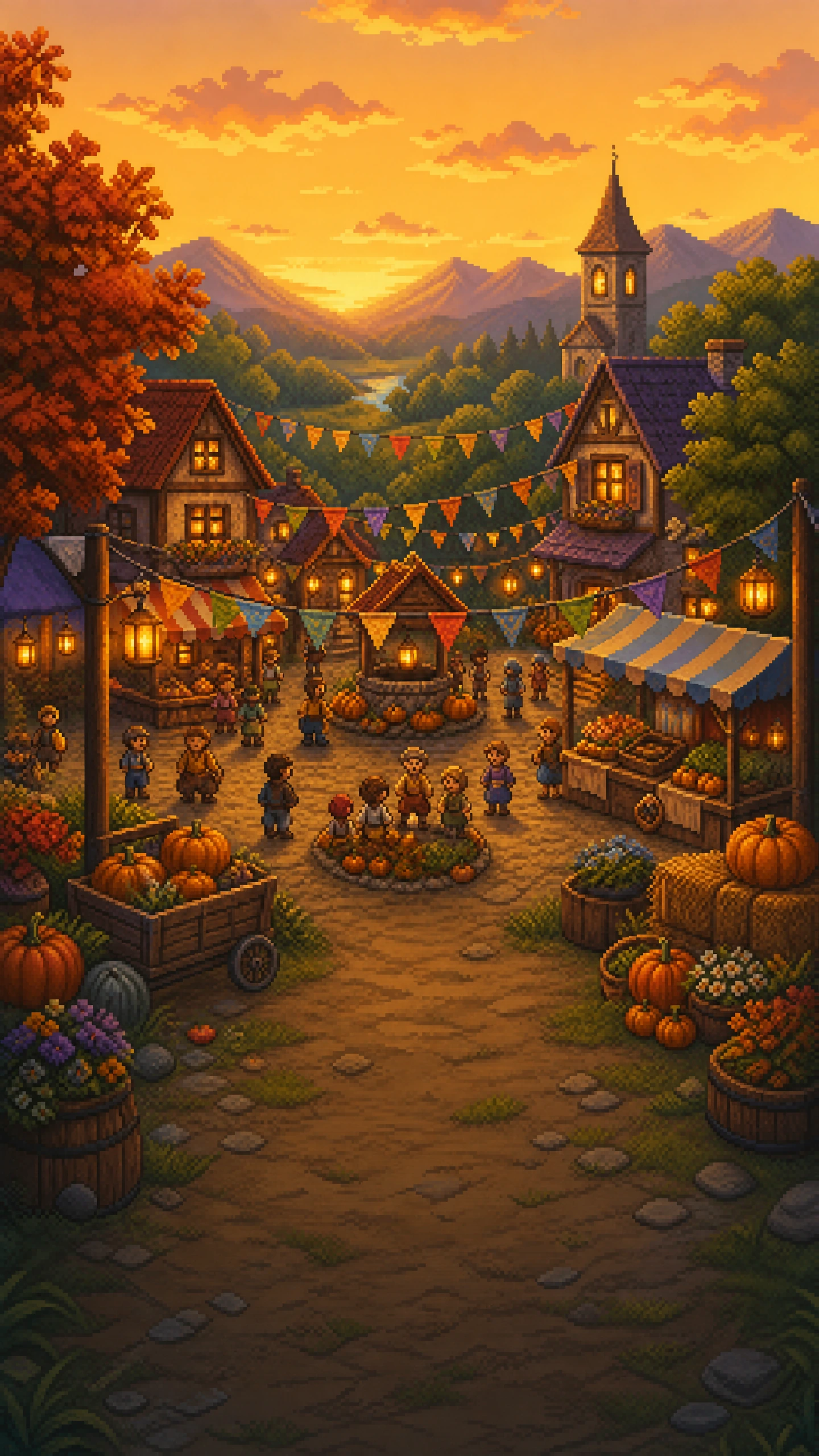 Stardew Valley autumn village festival with lanterns, pumpkins, and market stalls.