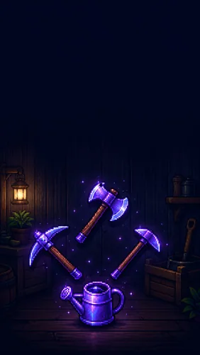 Purple tools floating in a dark farm workshop.