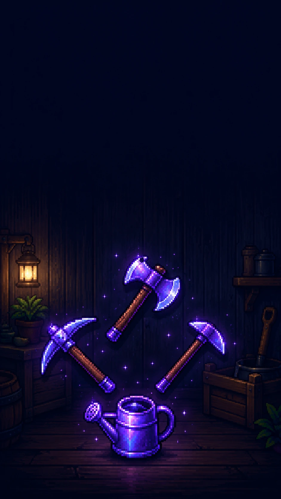 Purple tools floating in a dark farm workshop.