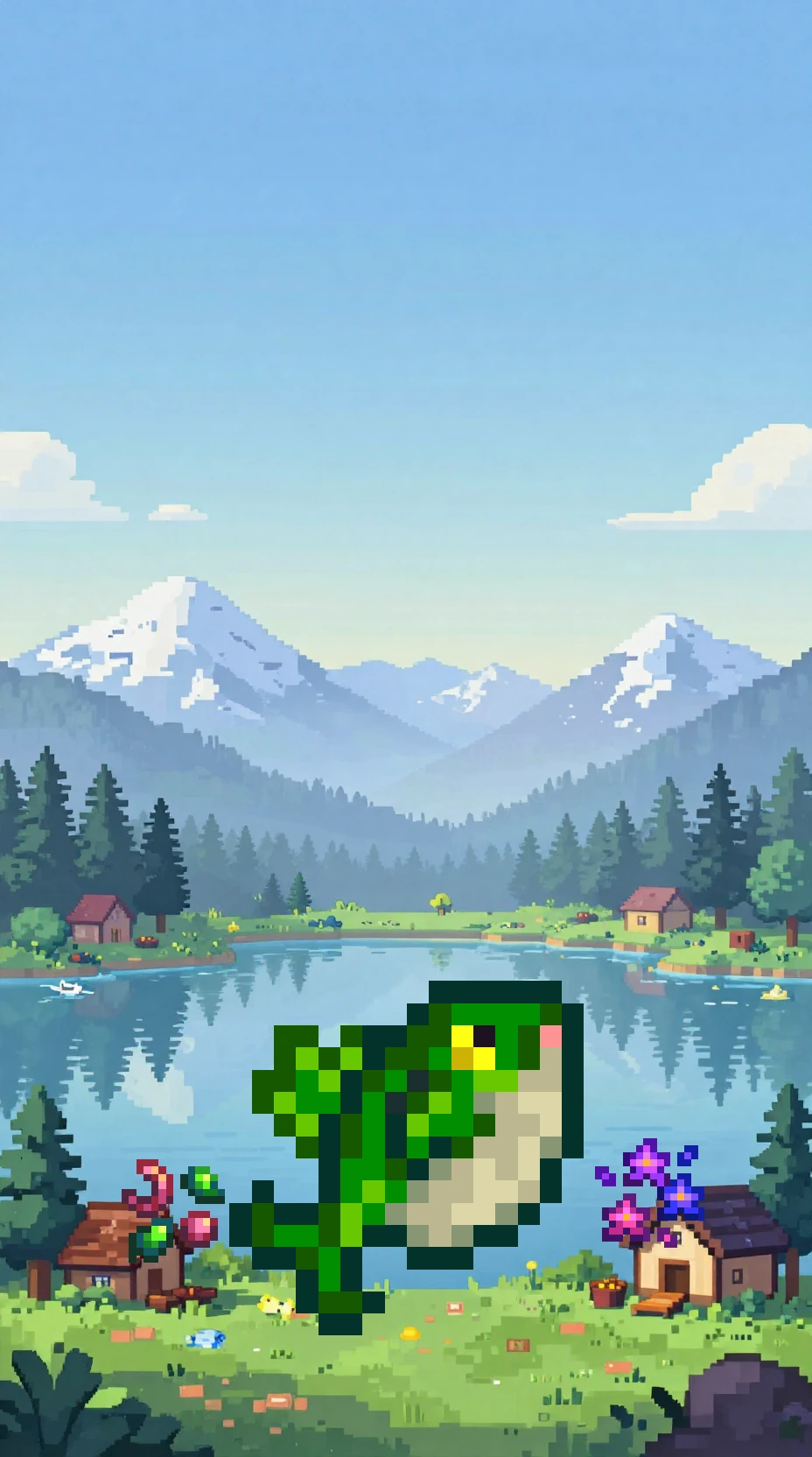 Official Legend fish sprite over a bright mountain lake phone wallpaper.