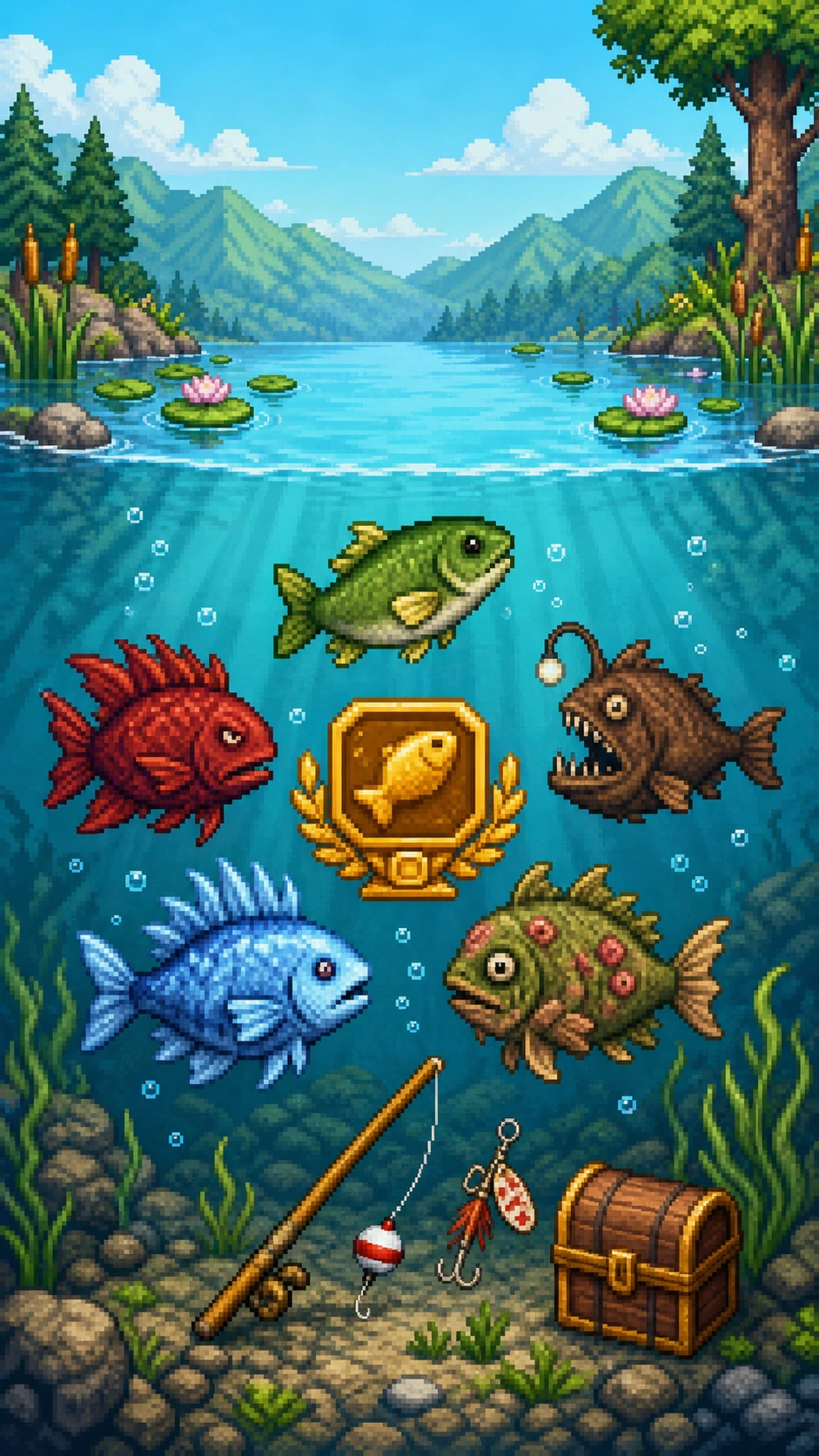 Five colorful legendary fish around a fishing mastery emblem under a mountain lake.