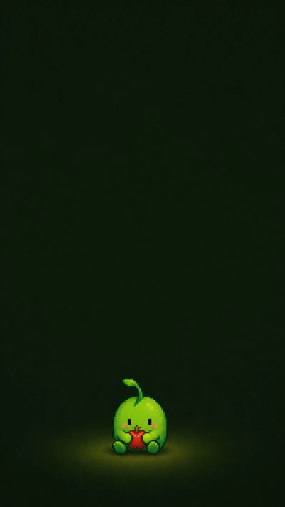 Minimal green Junimo holding a red apple on a dark green phone wallpaper.