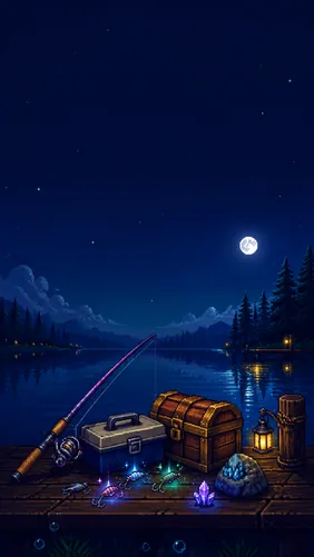 Night fishing dock with a rod, chest, tackle box, and glowing lures.