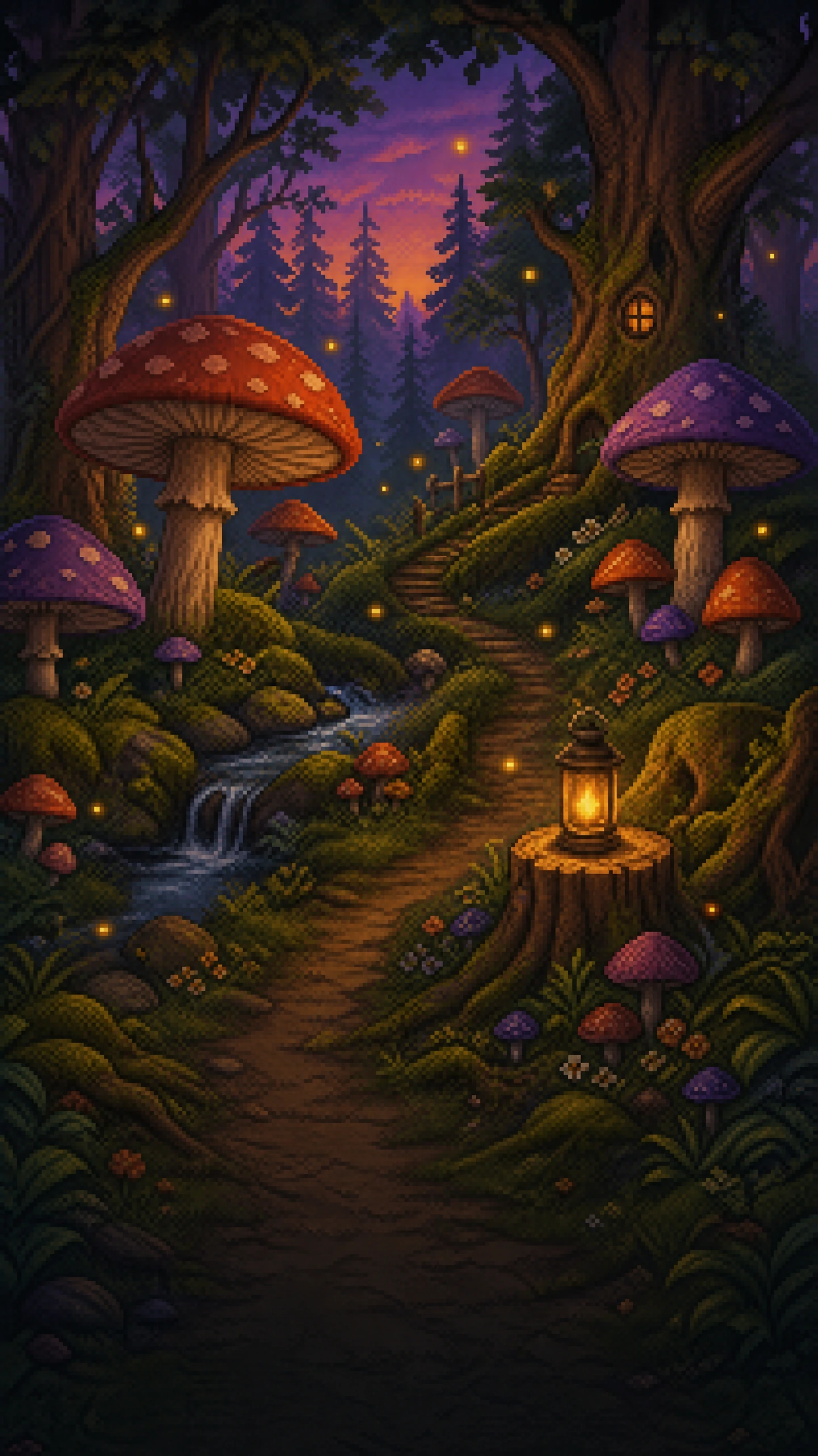 Stardew Valley forest trail with giant mushrooms, lanterns, and a hidden stream.