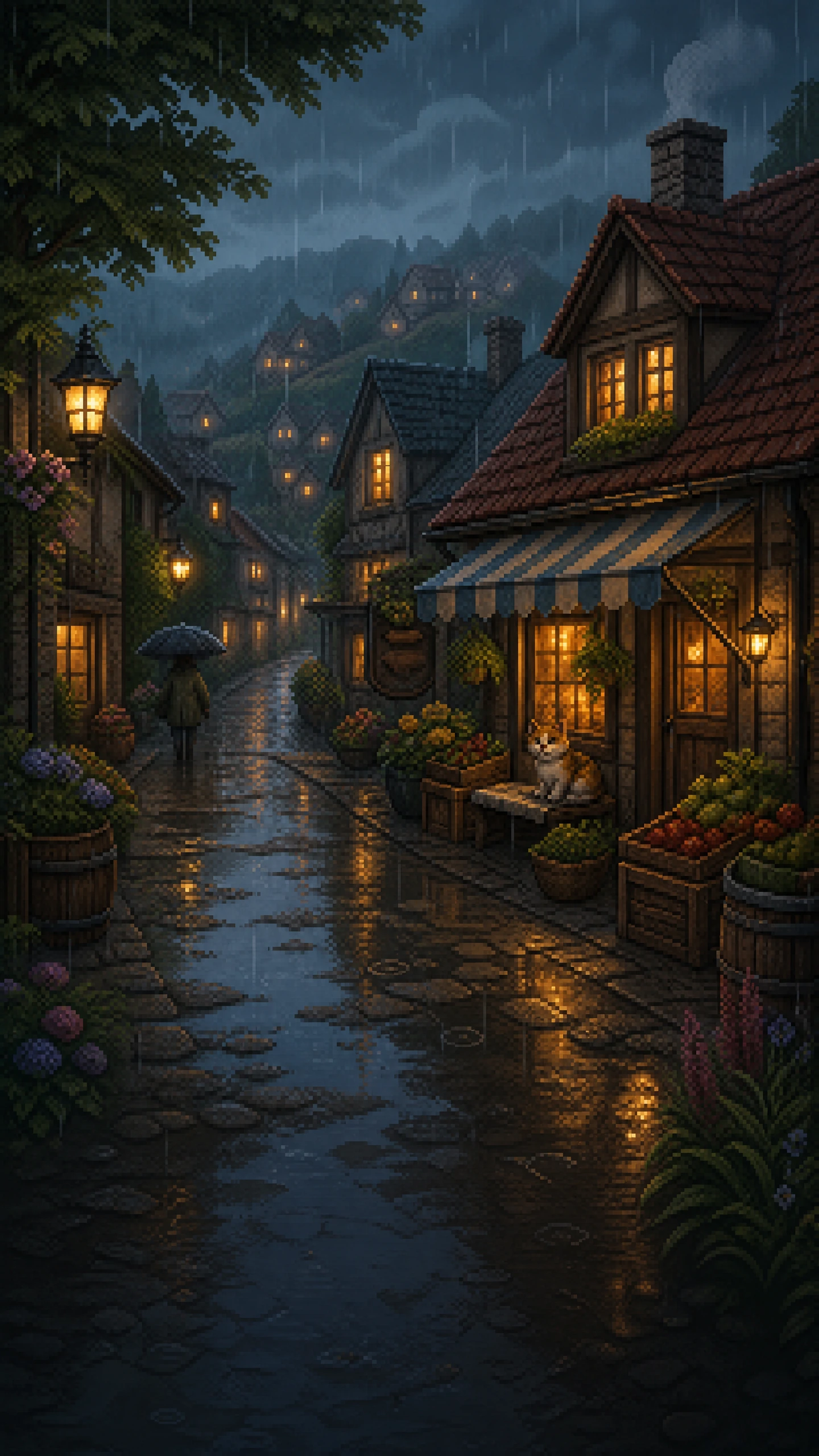 Rainy Stardew Valley town street with warm windows and lanterns at night.
