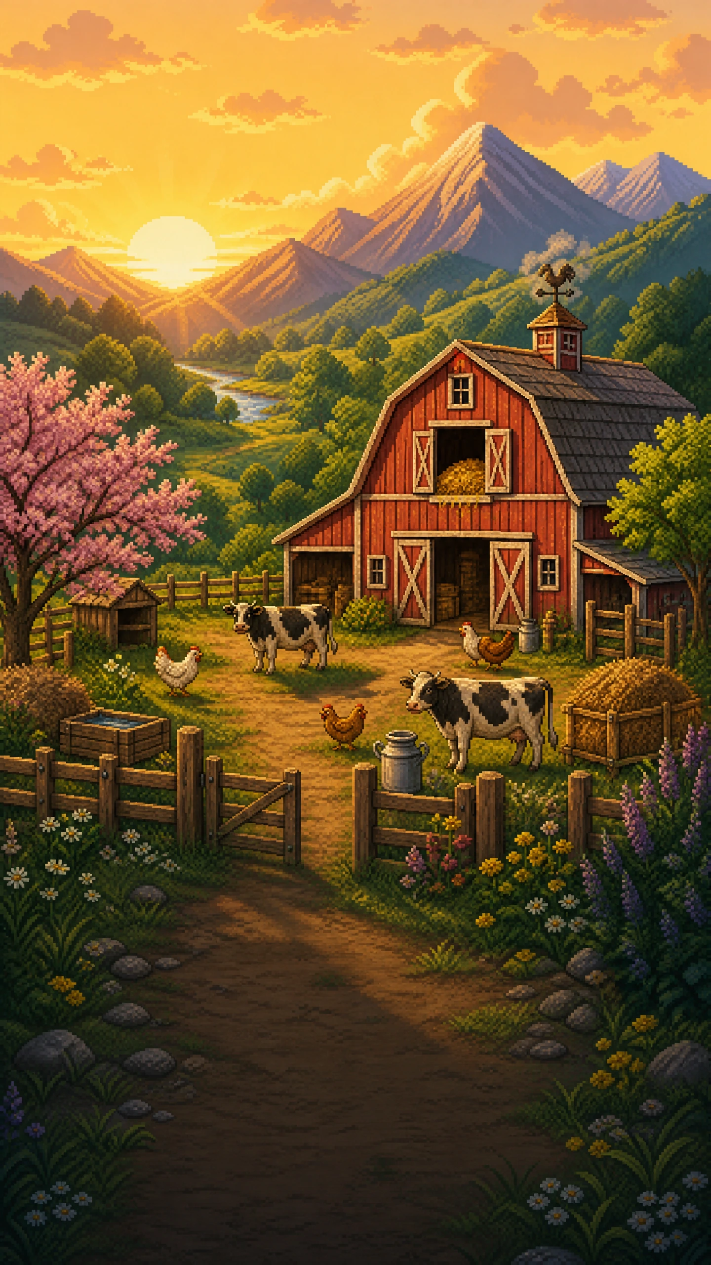 Stardew Valley spring hillside farm with a barn, orchard, and flowering trees.