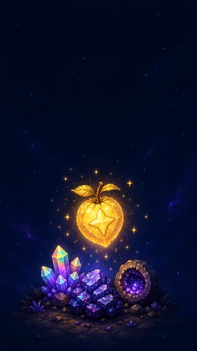 Golden Stardrop-inspired fruit above colorful crystals and a geode.