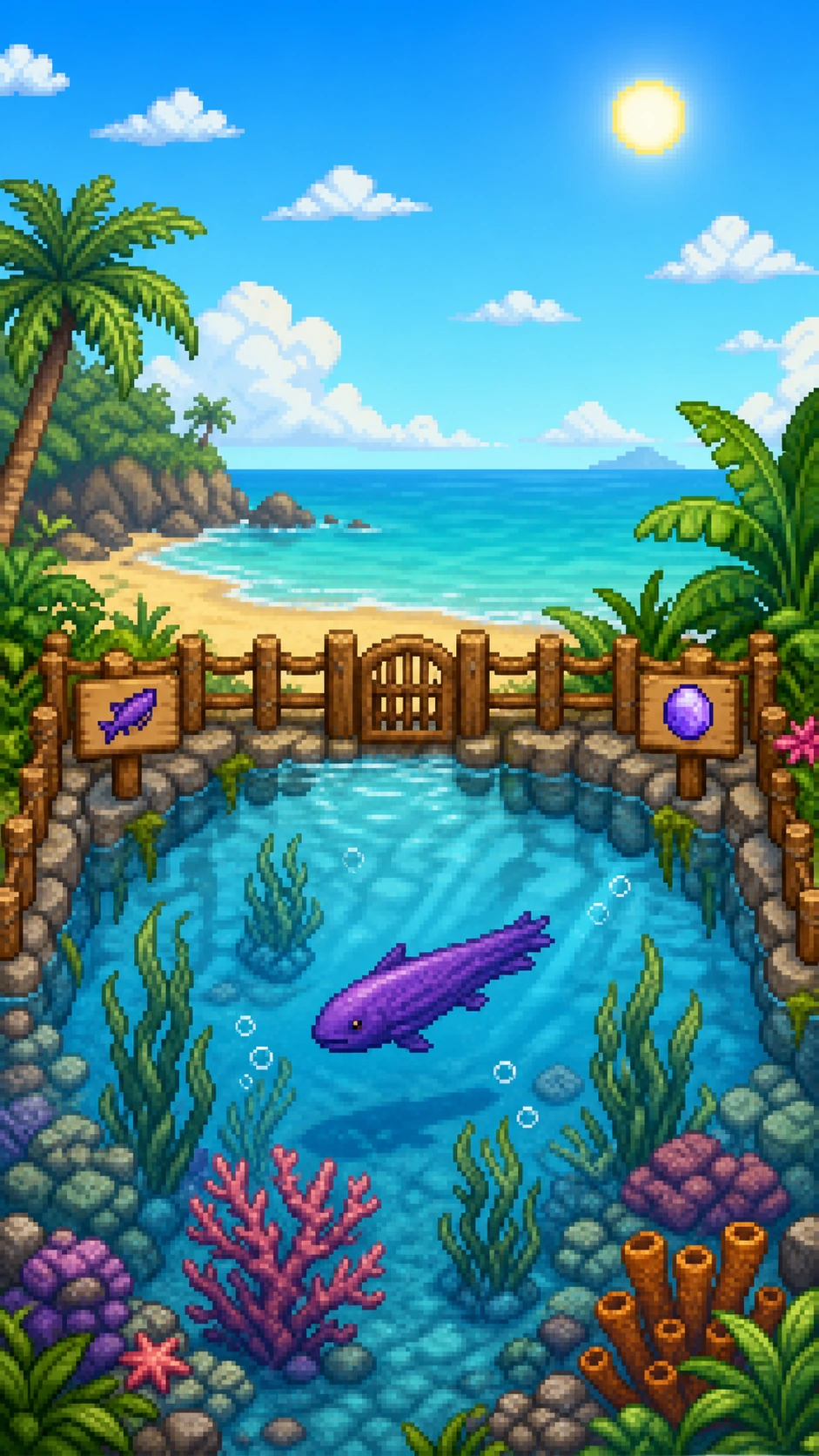 Purple Super Cucumber swimming in a clear tropical fish pond.