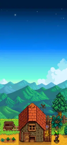 Stardew Valley farmhouse beneath a blue sunrise sky phone wallpaper.