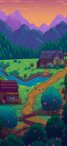 Colorful Stardew Valley farmyard with barn and mountains phone wallpaper.