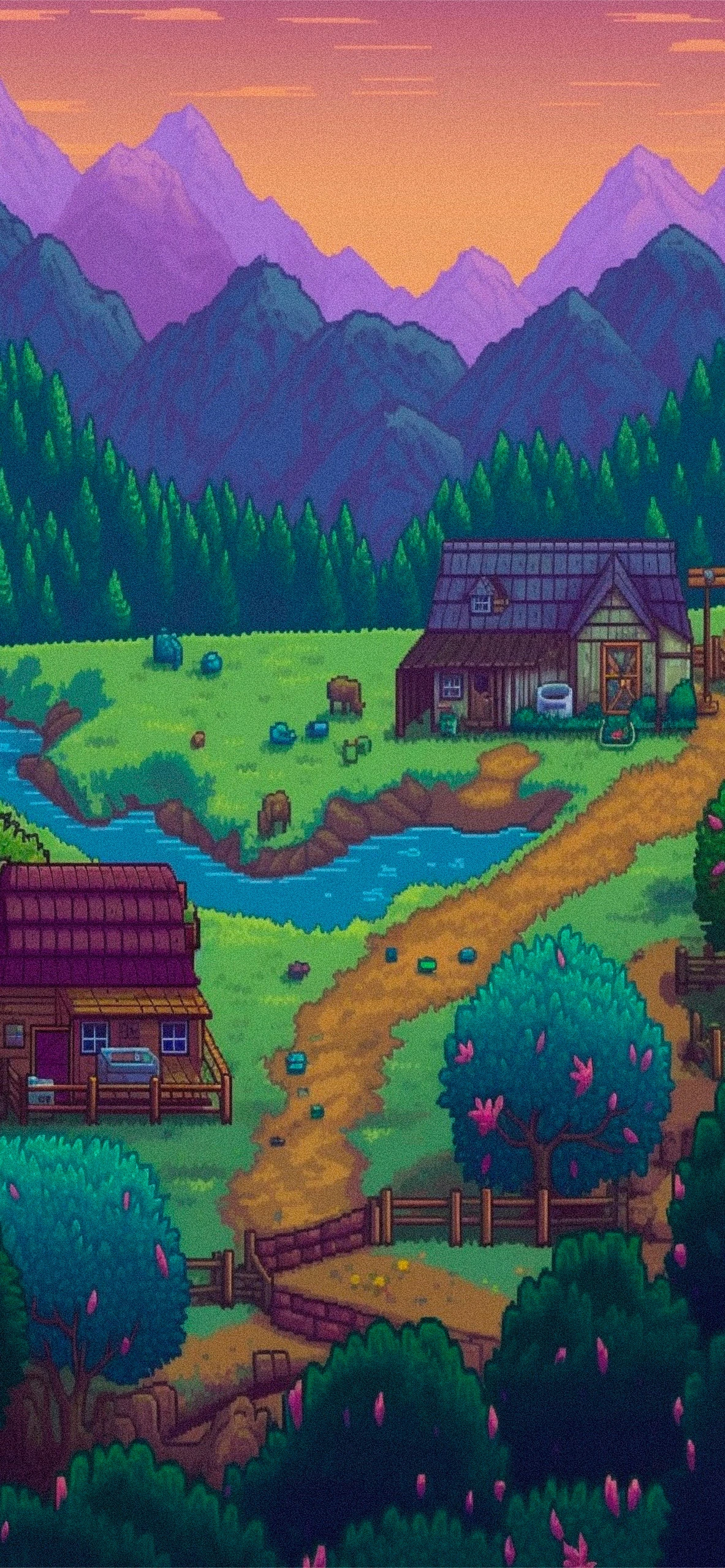 Colorful Stardew Valley farmyard with barn and mountains phone wallpaper.
