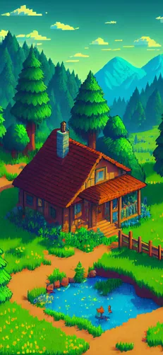 Cozy Stardew Valley cabin beside a pond and mountain forest phone wallpaper.