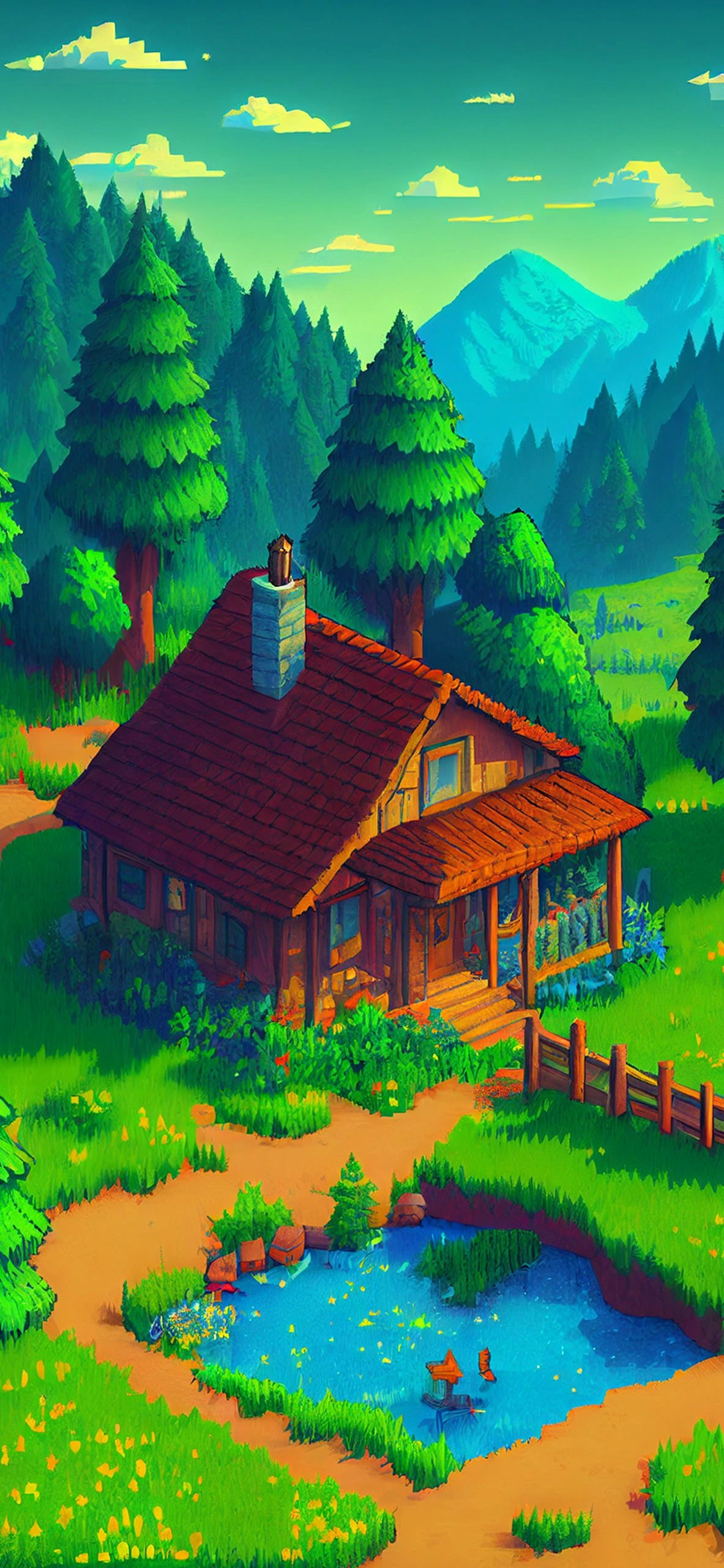Cozy Stardew Valley cabin beside a pond and mountain forest phone wallpaper.