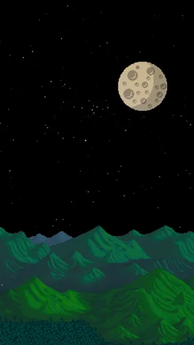 Dark Stardew Valley mountain scene with full moon phone wallpaper.