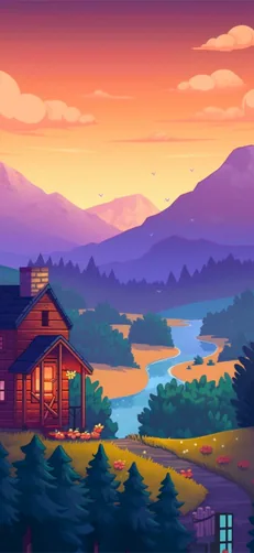 Warm Stardew Valley house above a river and mountain valley phone wallpaper.
