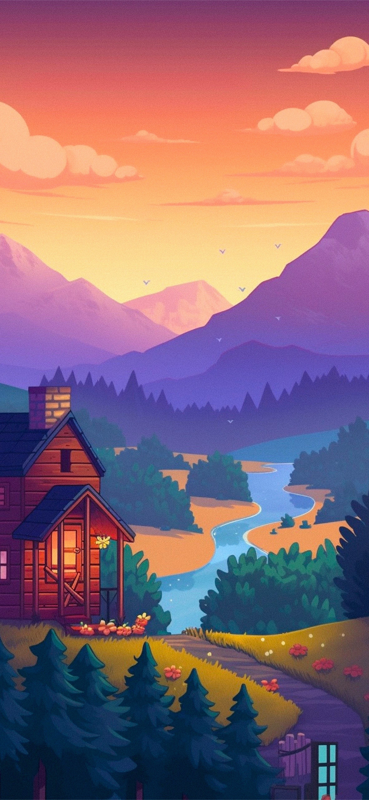 Warm Stardew Valley house above a river and mountain valley phone wallpaper.