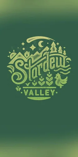 Green Stardew Valley title-art phone wallpaper with room for app icons.