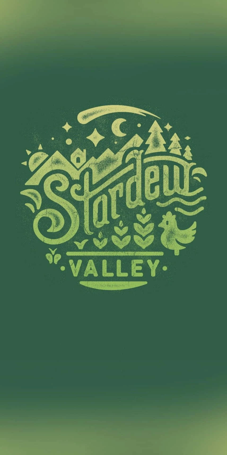 Green Stardew Valley title-art phone wallpaper with room for app icons.